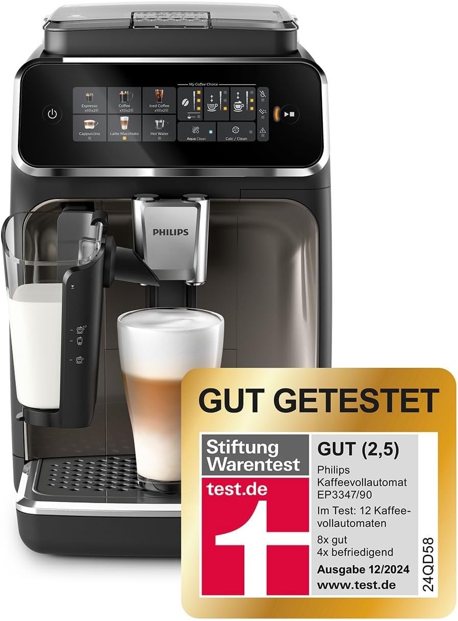 614dXozbJ3L._AC_SL1452 Philips 3300 Series Fully Automatic Coffee Machine - 6 Drinks, Modern Colour Touch Screen Display, LatteGo Milk System, SilentBrew, 100% Ceramic Grinder, AquaClean Filter, Black Chrome (EP3347/90)