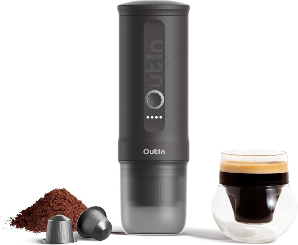 OutIn Nano Tragbare Espressomaschine mit Akku, für unterwegs oder Camping, Kaffeemaschine to go, mit elektrischer Selbsterhitzung über USB - C, 2 in 1 für gemahlenen kaffee und NS - kapseln