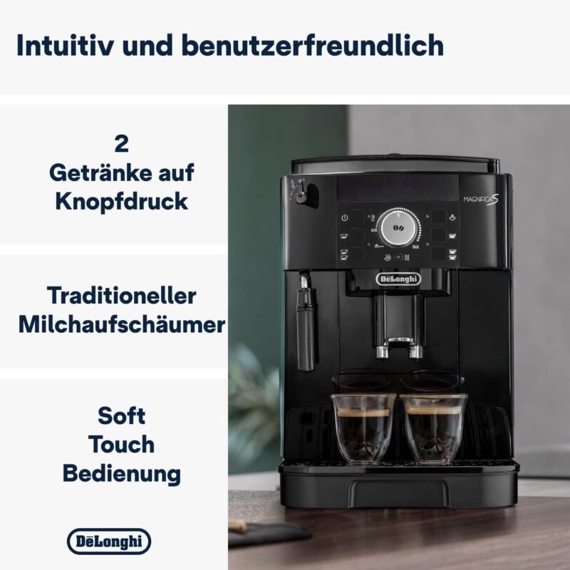 De’Longhi Magnifica S - Perfetto Kaffeevollautomat mit klassischem Milchaufschäumer, Espresso- und Cappuccino Kaffeemaschine, Bedienfeld mit Tasten, Schwarz (ECAM11.112.B)