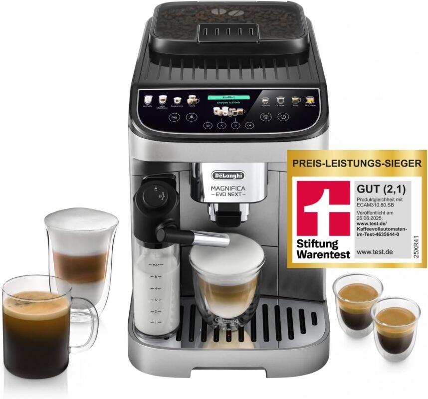 De’Longhi Magnifica Evo Next - Perfetto Kaffeevollautomat mit LatteCrema-Milchaufschäumer, 13 One-Touch-Getränke, Coffee- und Cappuccino Kaffeemaschine, farbiges Touch-Display, Titan (ECAM312.80.SB)