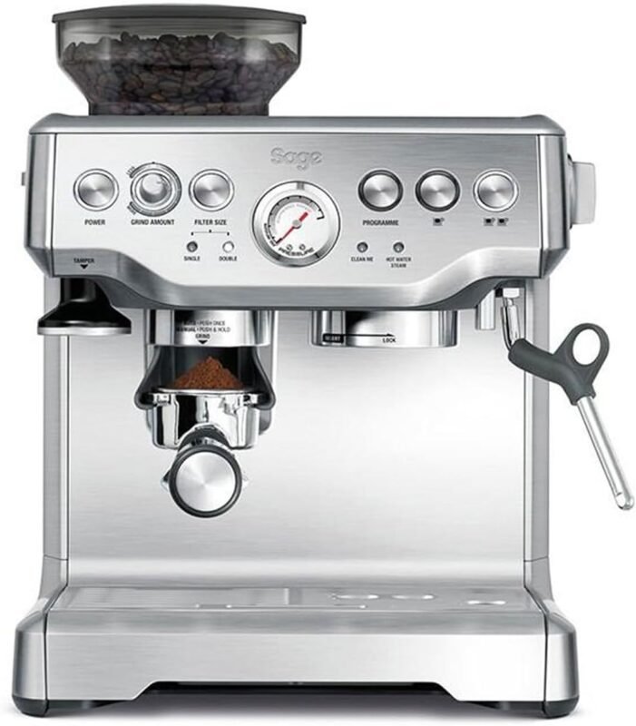 Sage - The Barista Express - Kaffeemaschine mit manuellem Milchaufschäumer & Mahlwerk - Automatisches Mahlen, individueller Milchschaum - Gebürsteter Edelstahl, Milchkännchen mit Temperaturregelung