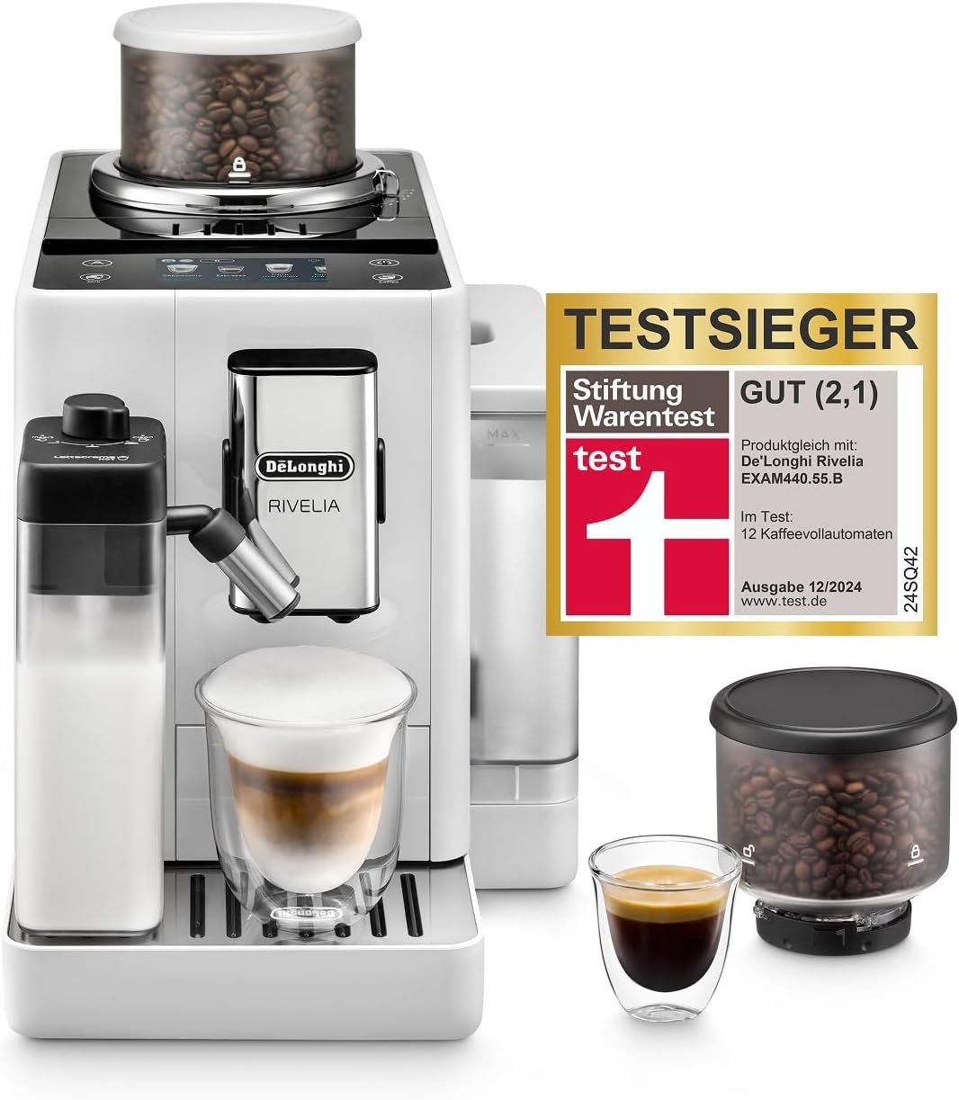 61mUj7YP0gL._AC_SL1500 De’Longhi Rivelia - Perfetto Kaffeevollautomat mit LatteCrema-Milchaufschäumer, 16 One-Touch-Getränke, farbiges Touch-Display, austauschbare Bohnenbehälter, Weiß (EXAM440.55.W)