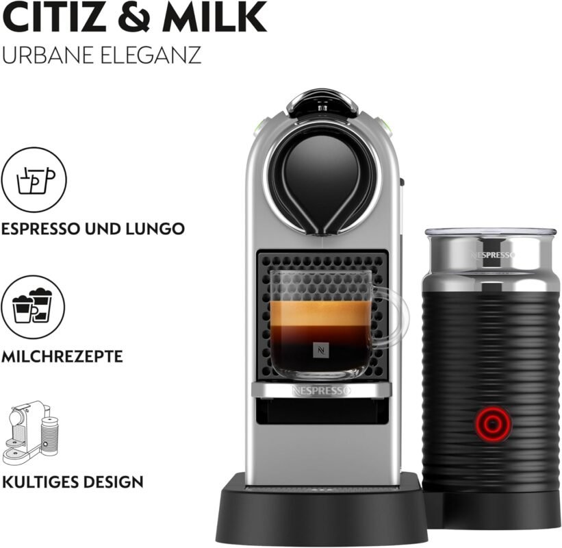 Nespresso Krups XN761B Citiz&Milk Kaffeekapselmaschine | automatischen Standby-Modus | 1260W | Wassertankkapazität: 1L | Pumpendruck: 19 Bar | silber