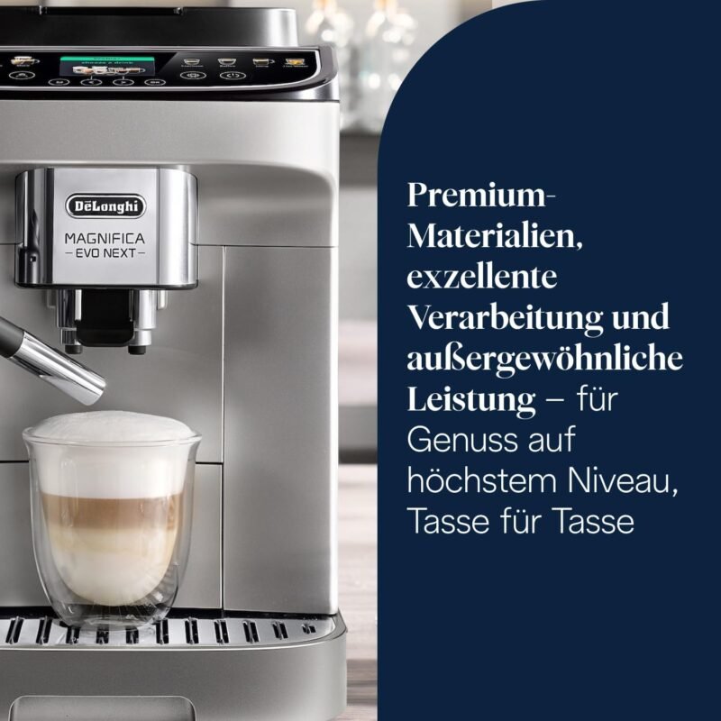 De’Longhi Magnifica Evo Next - Perfetto Kaffeevollautomat mit LatteCrema-Milchaufschäumer, 13 One-Touch-Getränke, Coffee- und Cappuccino Kaffeemaschine, farbiges Touch-Display, Titan (ECAM312.80.SB)
